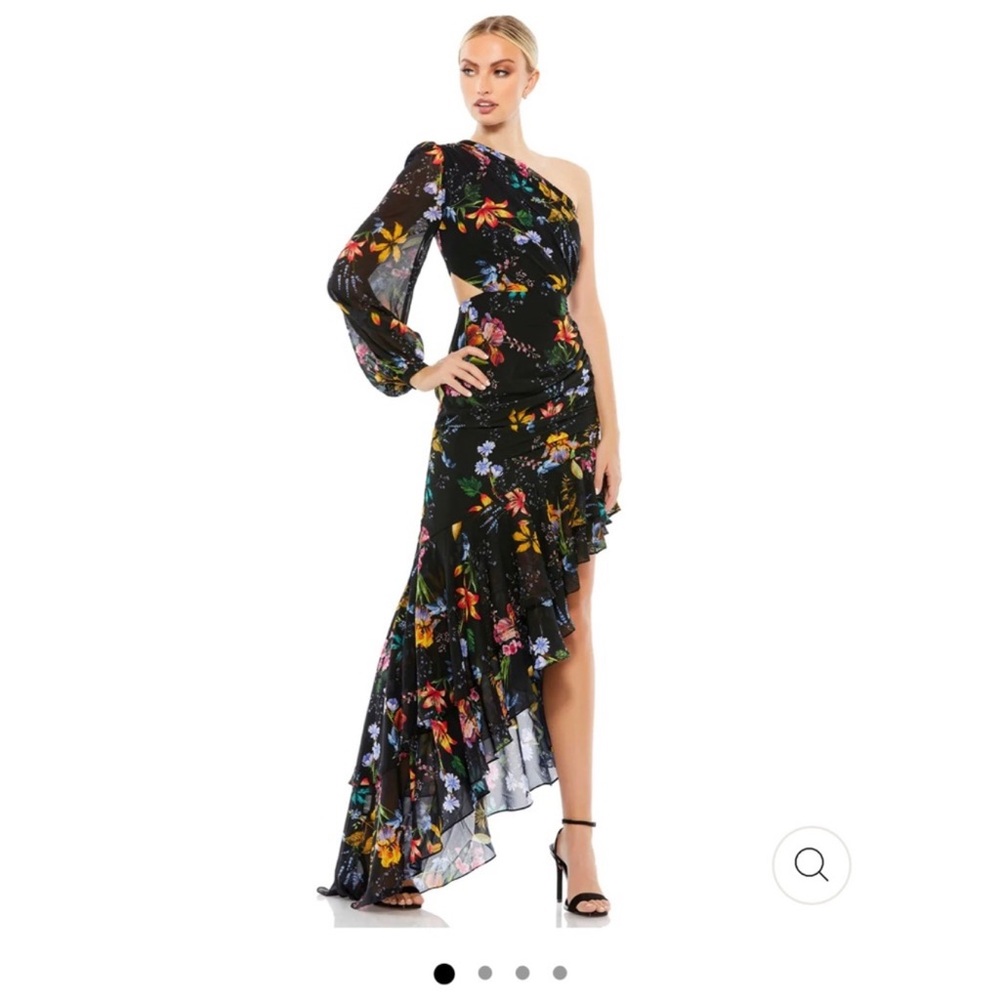 Mac Duggal Black Floral One-Shoulder Ruffle Maxi Dress